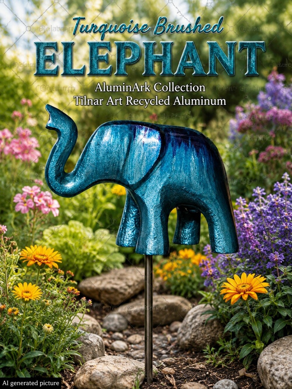 Turquoise Brushed Elephant  AluminArk Collection Tilnar Art Recycled Aluminum